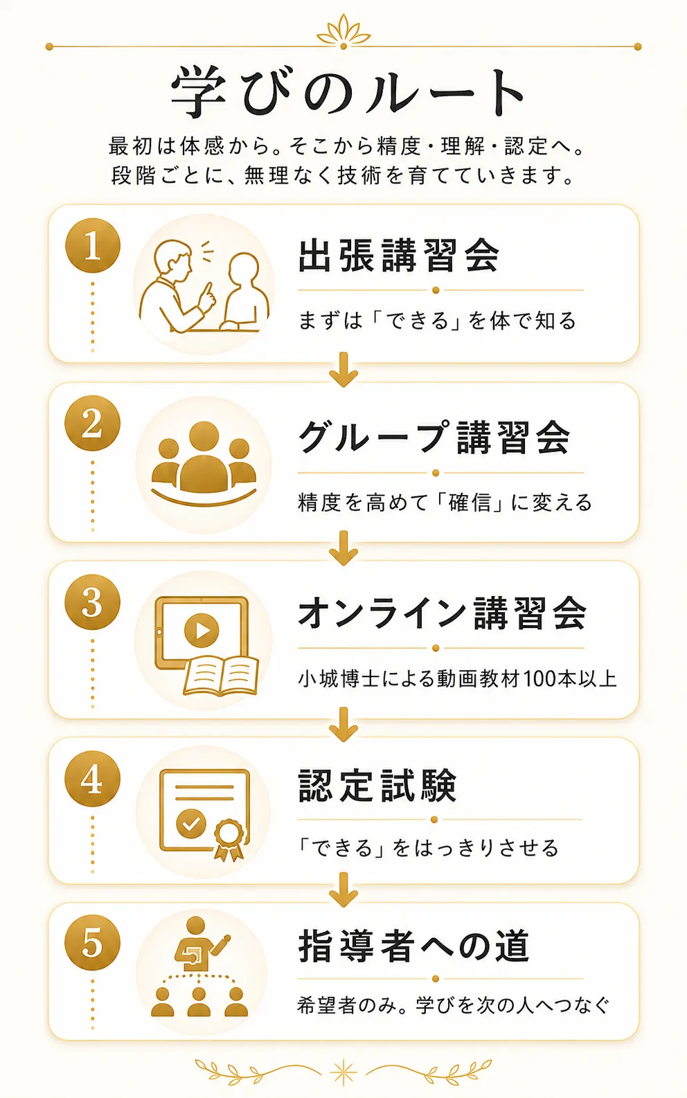 シナプス療法の学びのルート。出張講習会、グループ講習会、オンライン講習会、認定試験、指導者への道の5段階